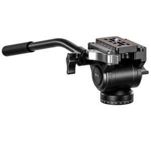 Leofoto BV-5L Videokop zijaanzicht van compacte videokop met lange bedieningsarm en Arca-Swiss snelkoppelplaat.