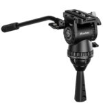 Leofoto FH-20M Videokop zijaanzicht van de professionele videokop op 75mm halfrond met lange bedieningsarm.