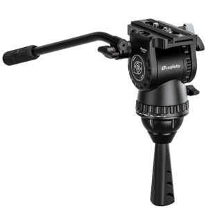 Leofoto FH-20M Videokop zijaanzicht van de professionele videokop op 75mm halfrond met lange bedieningsarm.