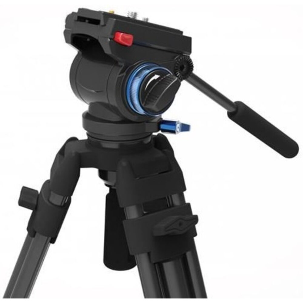 Leofoto VT-10 Videokop gemonteerd op videostatief met bedieningsarm, blauwe friktieklem en snelkoppelingsplaat