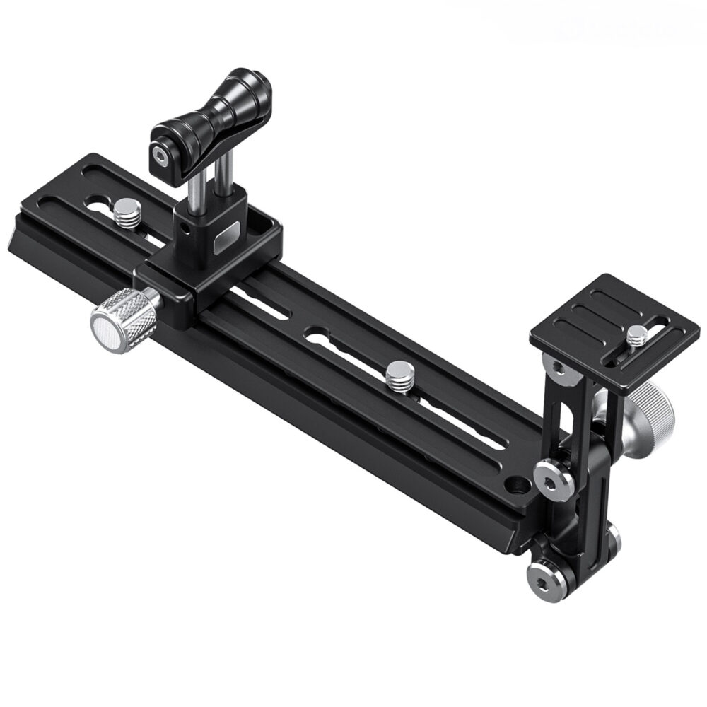 Leofoto VR-220 Lensvoet diagonaal zicht van lenssteun met instelbare camerasteun en zilverkleurige knoppen