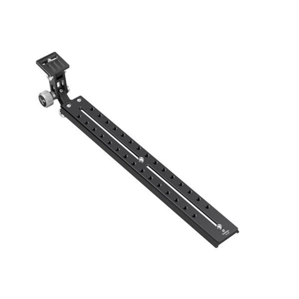 Leofoto VR-380 Lensvoet lange zwarte lensrail met verstelbare camerasteun en schaalverdeling in bovenaanzicht.