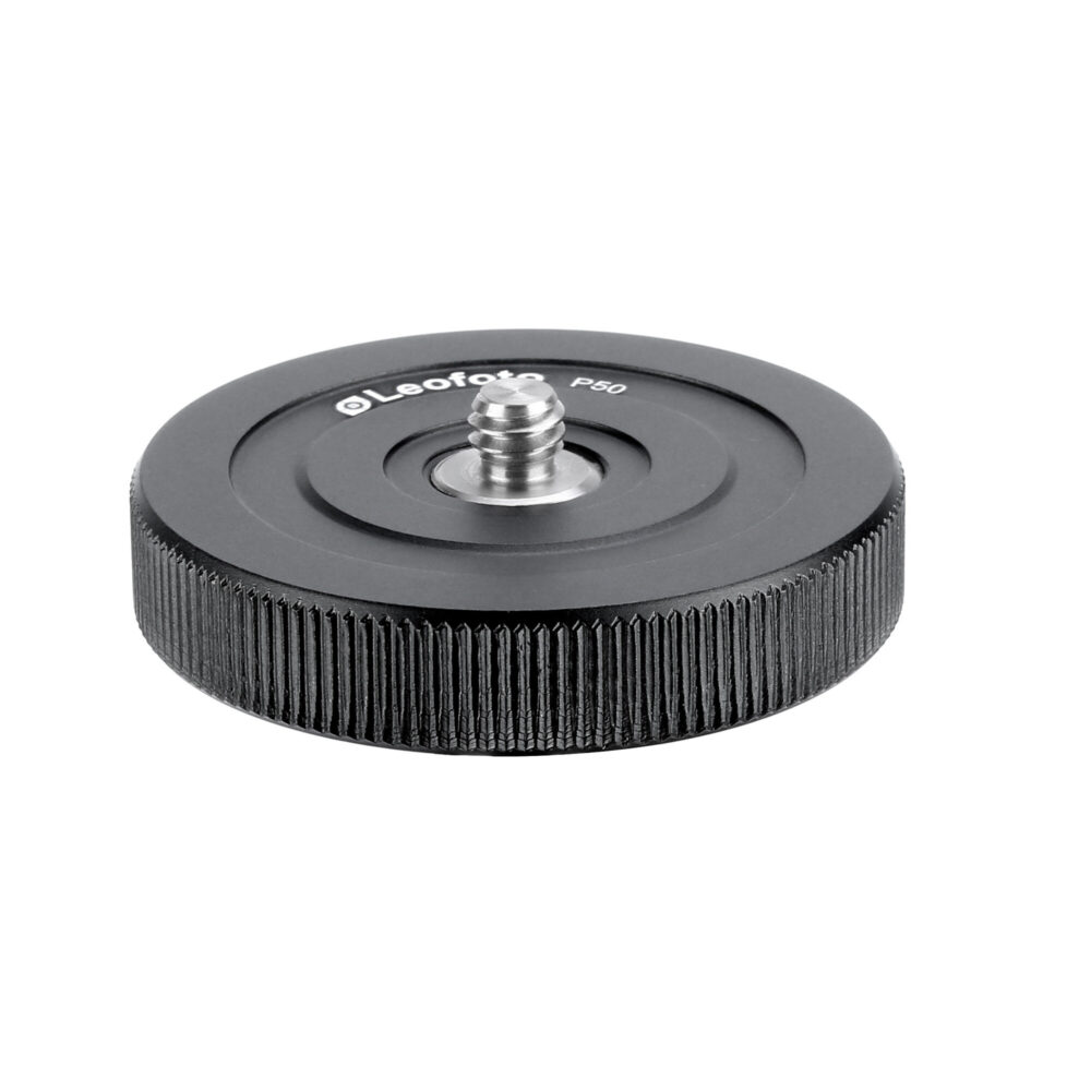 Leofoto P50 Steunschijf met geribbelde buitenrand en 1/4” schroefverbinding op zwart aluminium