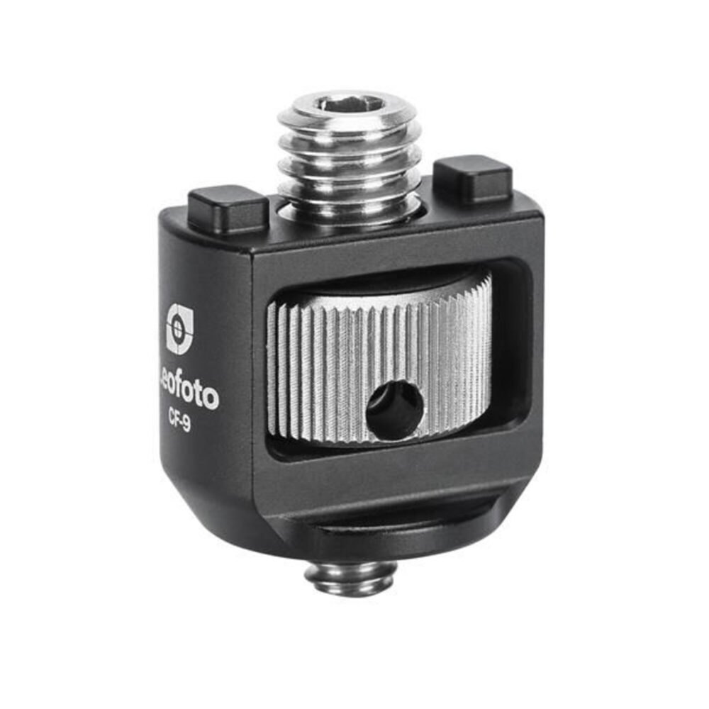 Leofoto-Thread-adapter-CF-9-1 Leofoto CF-9 Draadadapter met 3/8" naar 1/4" schroefdraad, zwart blokje met zilverkleurige draaiklem