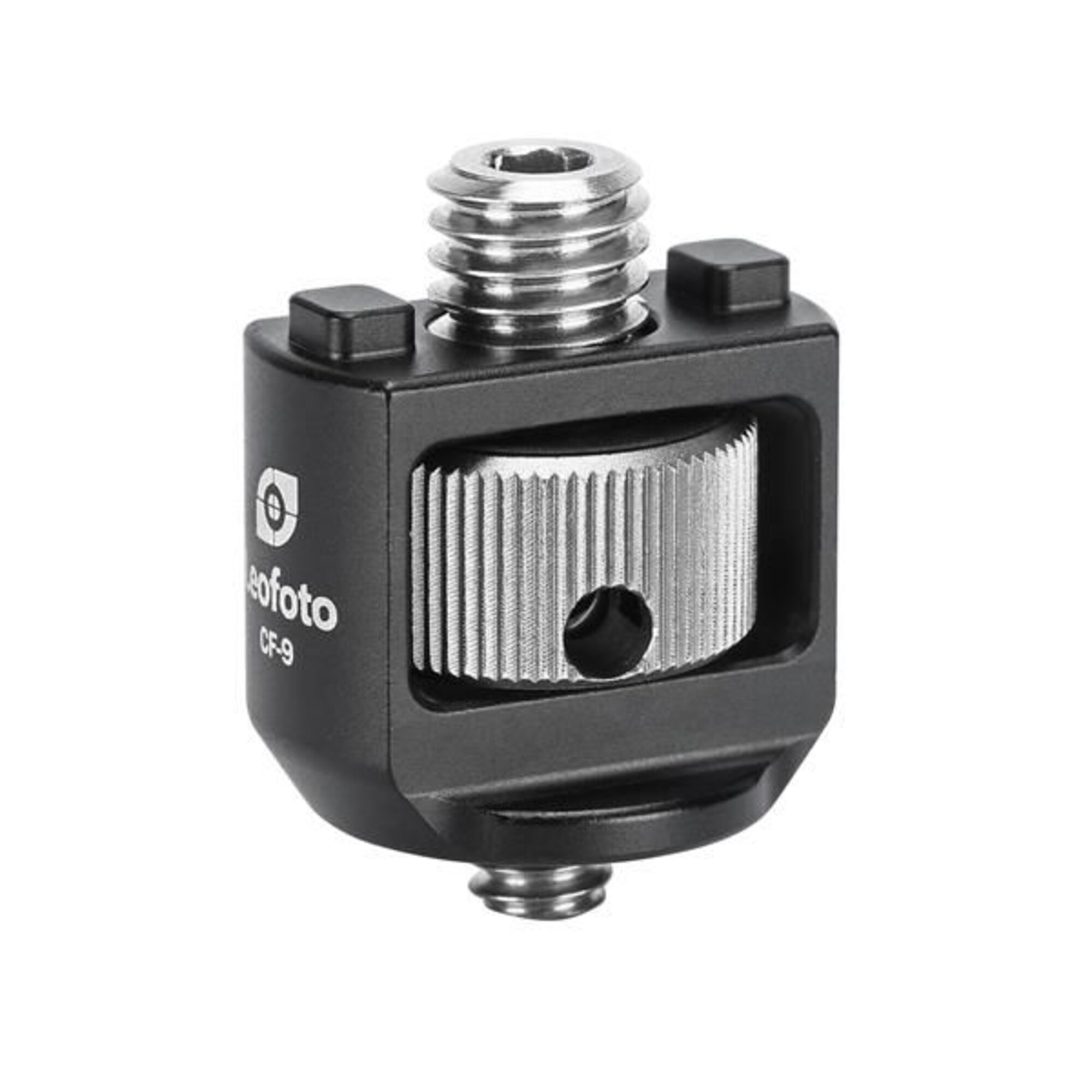 Leofoto CF-9 Gewindeadapter met 3/8" naar 1/4" schroefdraad, zwart blokje met zilverkleurige draaiklem