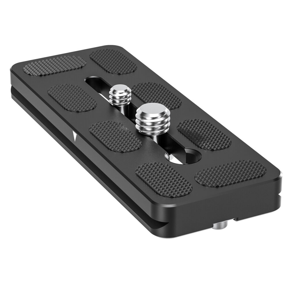 Leofoto PU-100D Snelkoppelingsplaat bovenaanzicht met antisliprubbers en 1/4"- 3/8"-camera-aansluiting