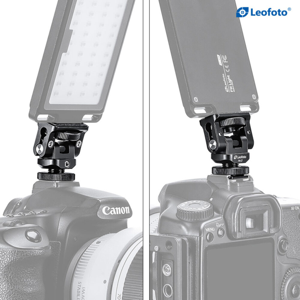 Leofoto FA-17 Gelenkarm bevestigd op DSLR-camera met LED-paneel en rig