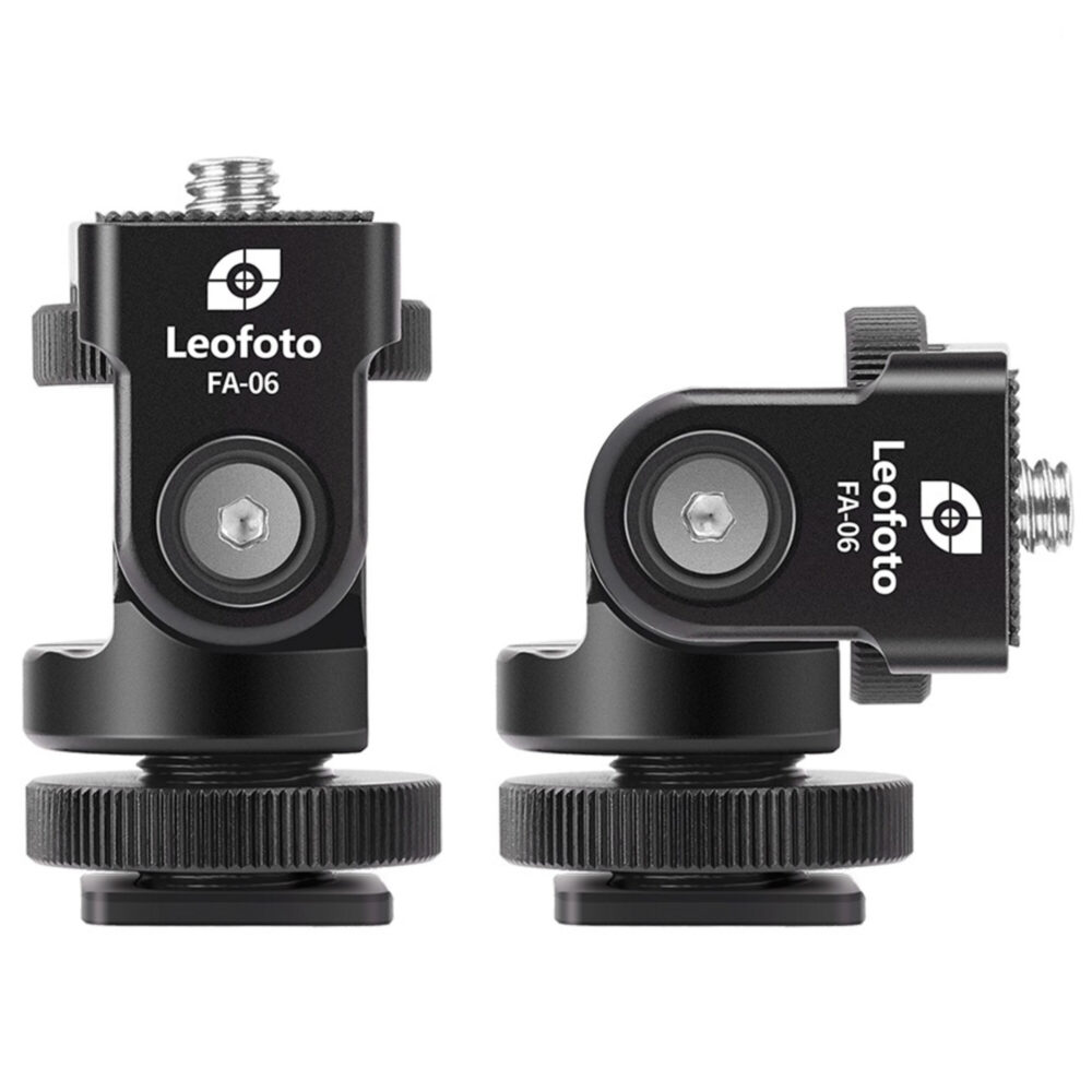 Leofoto FA-06 Hotshoe-Adapter vooraanzicht en zijaanzicht met kantelbare accessoirekop