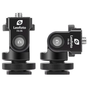 Leofoto FA-06 Hotshoe-Adapter vooraanzicht en zijaanzicht met kantelbare accessoirekop