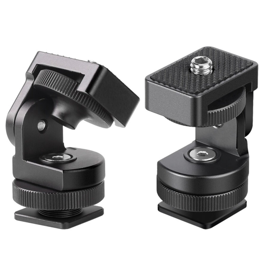 Leofoto FA-06 Hotshoe-Adapter onder verschillende hoeken gemonteerd op cold shoe