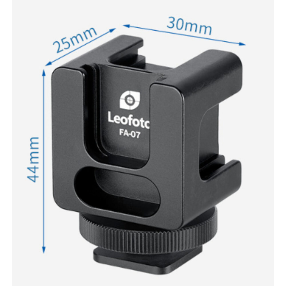 Leofoto FA-07 Hotshoe-Adapter met afmetingen in millimeters weergegeven