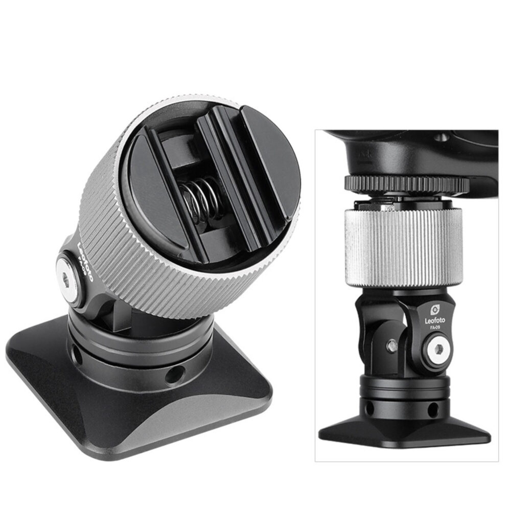 Leofoto FA-09 Hotshoe-Adapter zijaanzicht met kantelmechanisme en aluminium afwerking