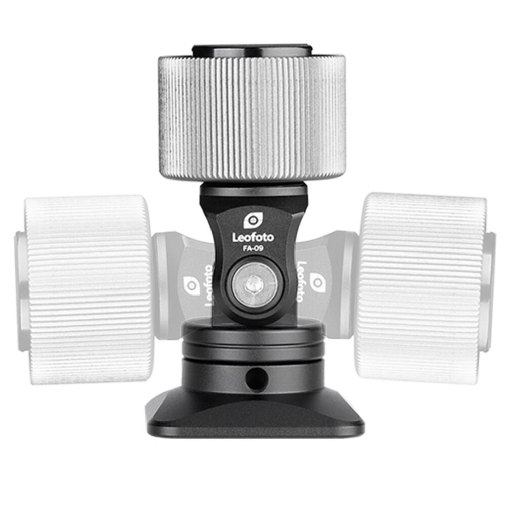 Leofoto FA-09 Hotshoe-Adapter voorkant met bevestigingsknoppen en logo zichtbaar