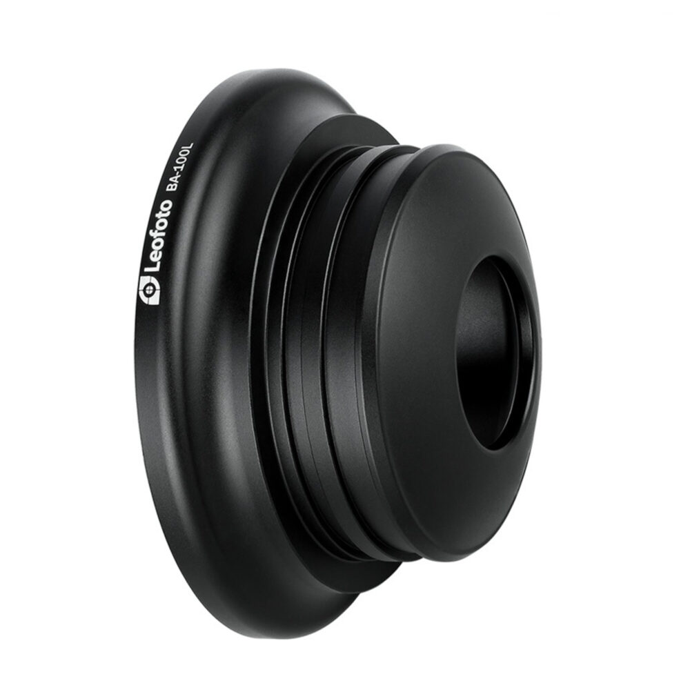 Leofoto BA-100L Bowl-adapter zijaanzicht schuin met zicht op aansluiting en gravering