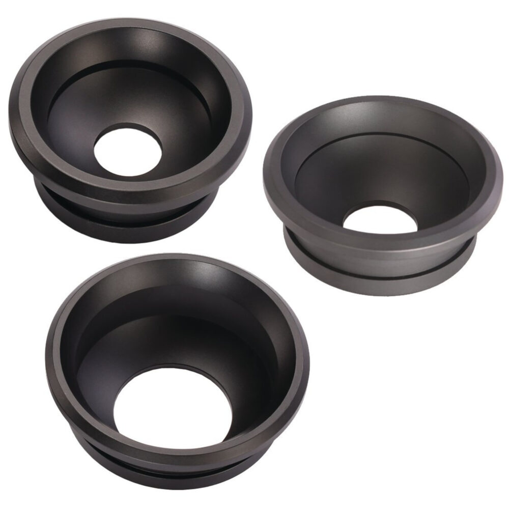 Leofoto BA-75L Nivelleerapparaat drie zwarte metalen komadapters op een witte achtergrond.
