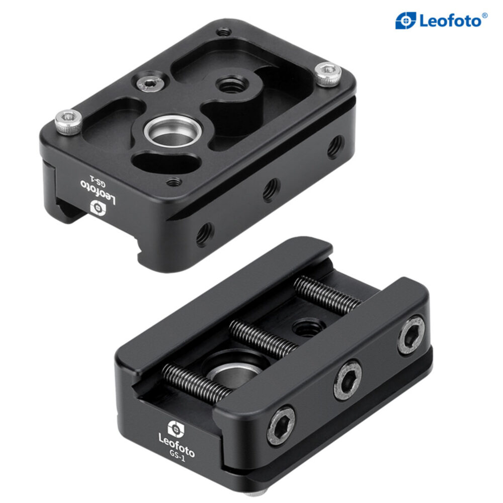 Leofoto GS-1 Adapterplaat boven- en onderaanzicht met Picatinny/Weaver klem en Arca-profiel