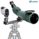 Leofoto FDM-01 Dualhalterung zijaanzicht met afstandsmeter en spektiv gemonteerd voor parallel uitlijnen