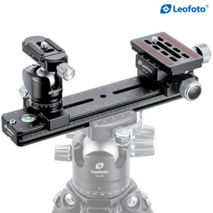 Leofoto FDM-02 Dubbele Houder zijaanzicht met BPL-200 rail, LH-22 kogelkop en DDC-38 kruisklem