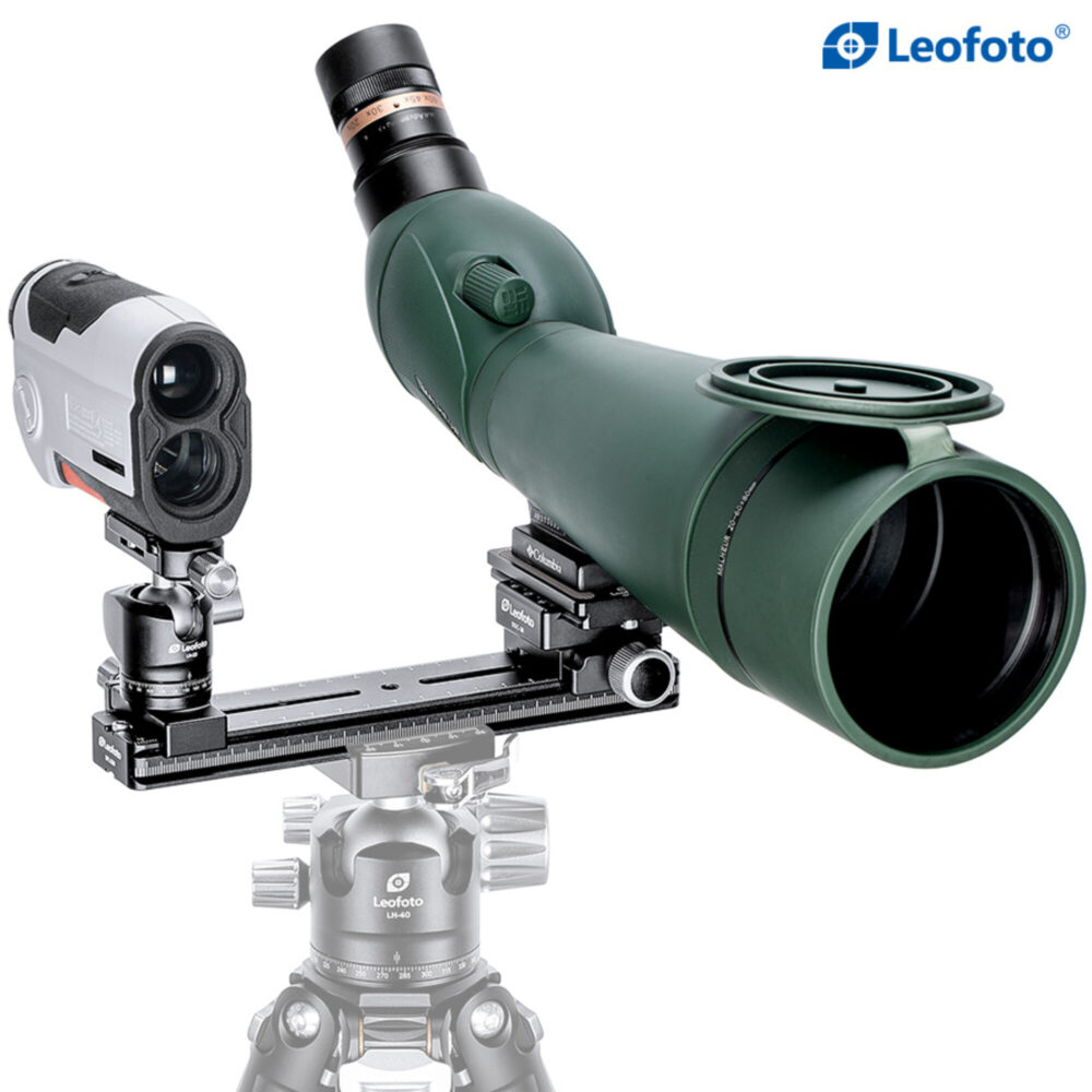 Leofoto FDM-02 Dubbele Houder met telescoop op statief en tweede optiek op kogelkop