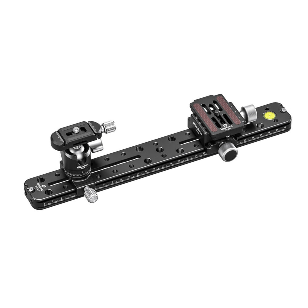 Leofoto FDM-03 Dubbele Houder gemonteerd op statiefkop met BPL-320 rail, kruisklem en LH-22 kogelkop