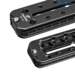 Leofoto FDM-03 Dubbele Houder close-up van railuiteinden met schroefdraadgaten en maatverdeling