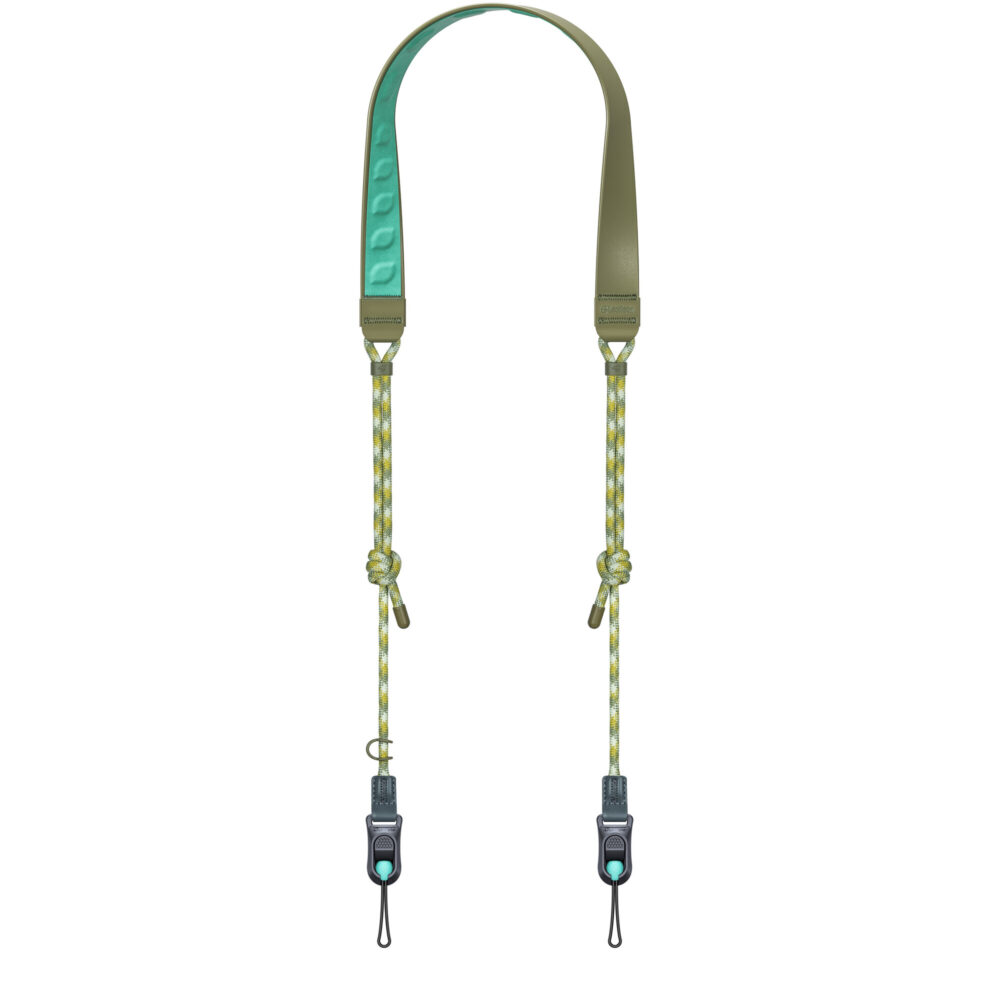 Leofoto L-CS-203 Draagriemen vooraanzicht van de riem met nekpad en bevestigingsdelen aan beide zijden