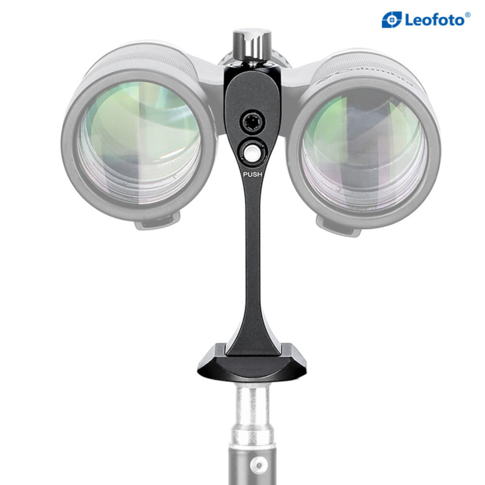 Leofoto BC-03 Fernglas-Stativadapter vooraanzicht verrekijker met gemonteerde adapterarm