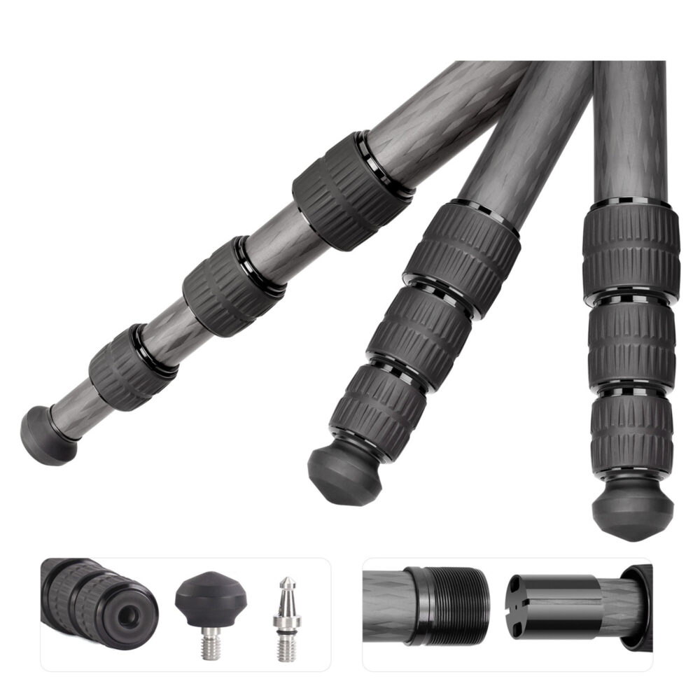 Leofoto LS-284CEX Tripod close-up carbon poten met draaivergrendeling en rubber/spike-voeten.