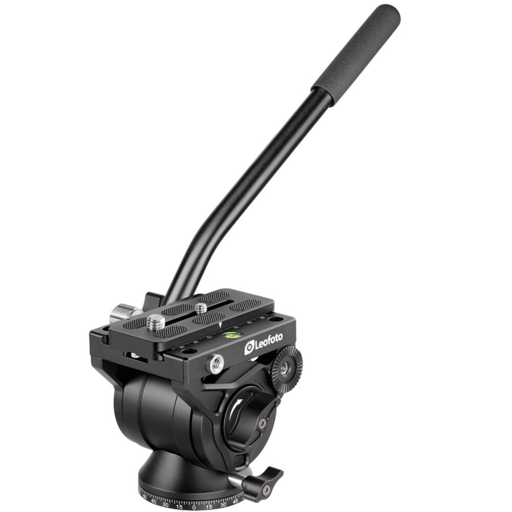 Leofoto LS-284CEX Tripod BV-10 videokop met lange bedieningshendel en schaalverdeling.