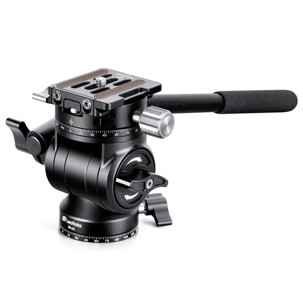 Leofoto LS-225CEX Tripod carbon Ranger BV-1R videokop zijaanzicht met Arca-Swiss snelkoppelingsplaat.