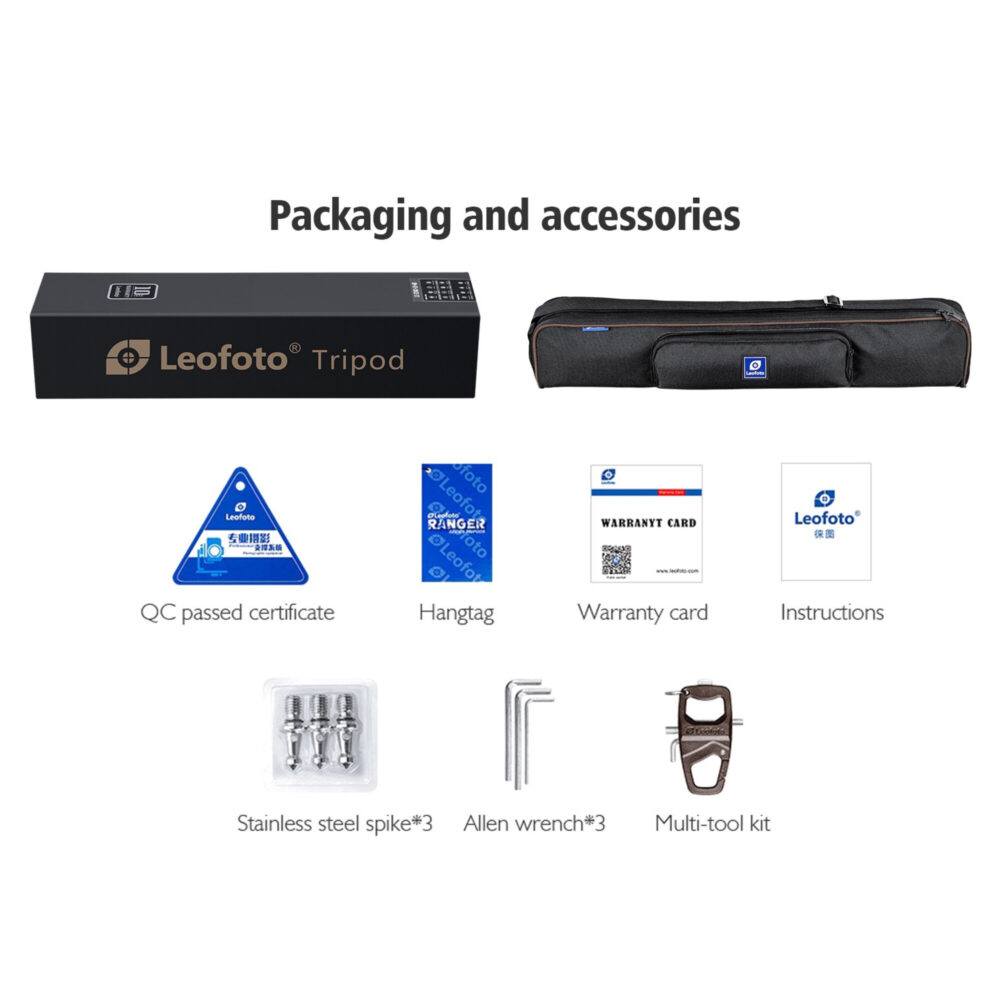 Leofoto LS-284C Tripod Ranger Pro verpakking met draagtas, spikes, multitool en accessoires.