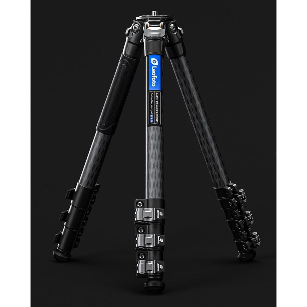 Leofoto LSR-284C Tripod carbon Rapid Ranger vooraanzicht met Leofoto-logo op middenhuis.