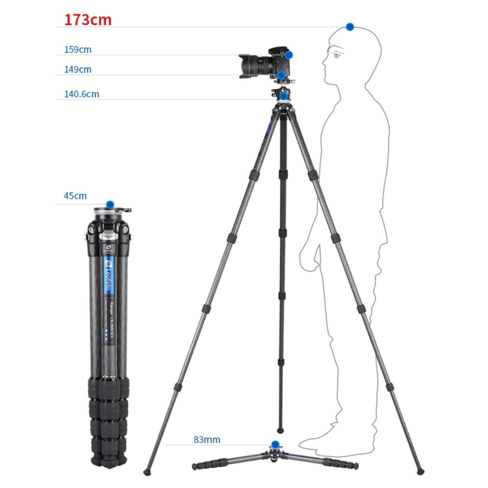 Leofoto LS-255CEX Tripod carbon Ranger hoogteschema met maximale werkhoogte naast silhouet.
