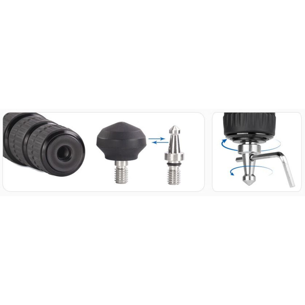 Leofoto LS-255CEX Tripod carbon Ranger Leveling rubbervoet, spike en toebehoren naast het statief.