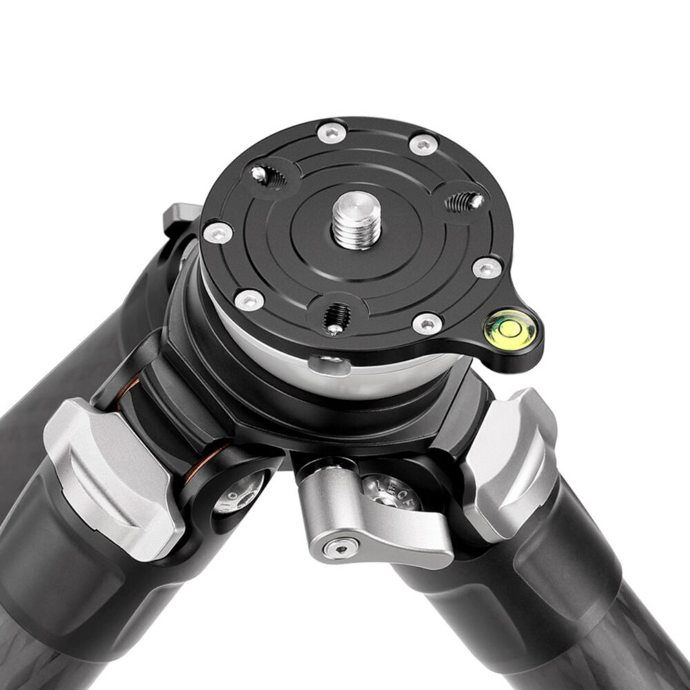Leofoto LS-285CEX Tripod bovenaanzicht nivelleerbasis met 3/8-inch schroefdraad en waterpas.