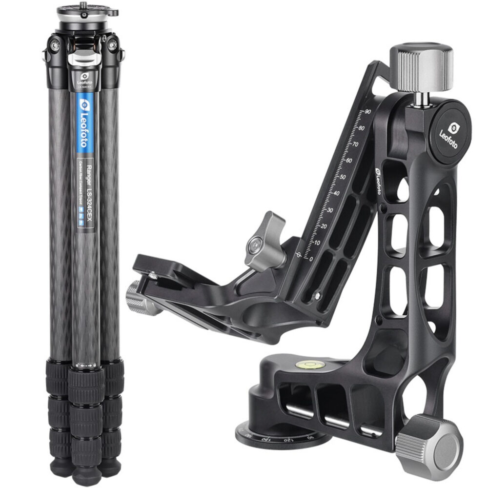 Leofoto LS-324CEX Tripod close-up carbon poot met Ranger Leveling-logo en draaivergrendelingen.