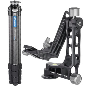 Leofoto LS-324CEX Tripod close-up carbon poot met Ranger Leveling-logo en draaivergrendelingen.