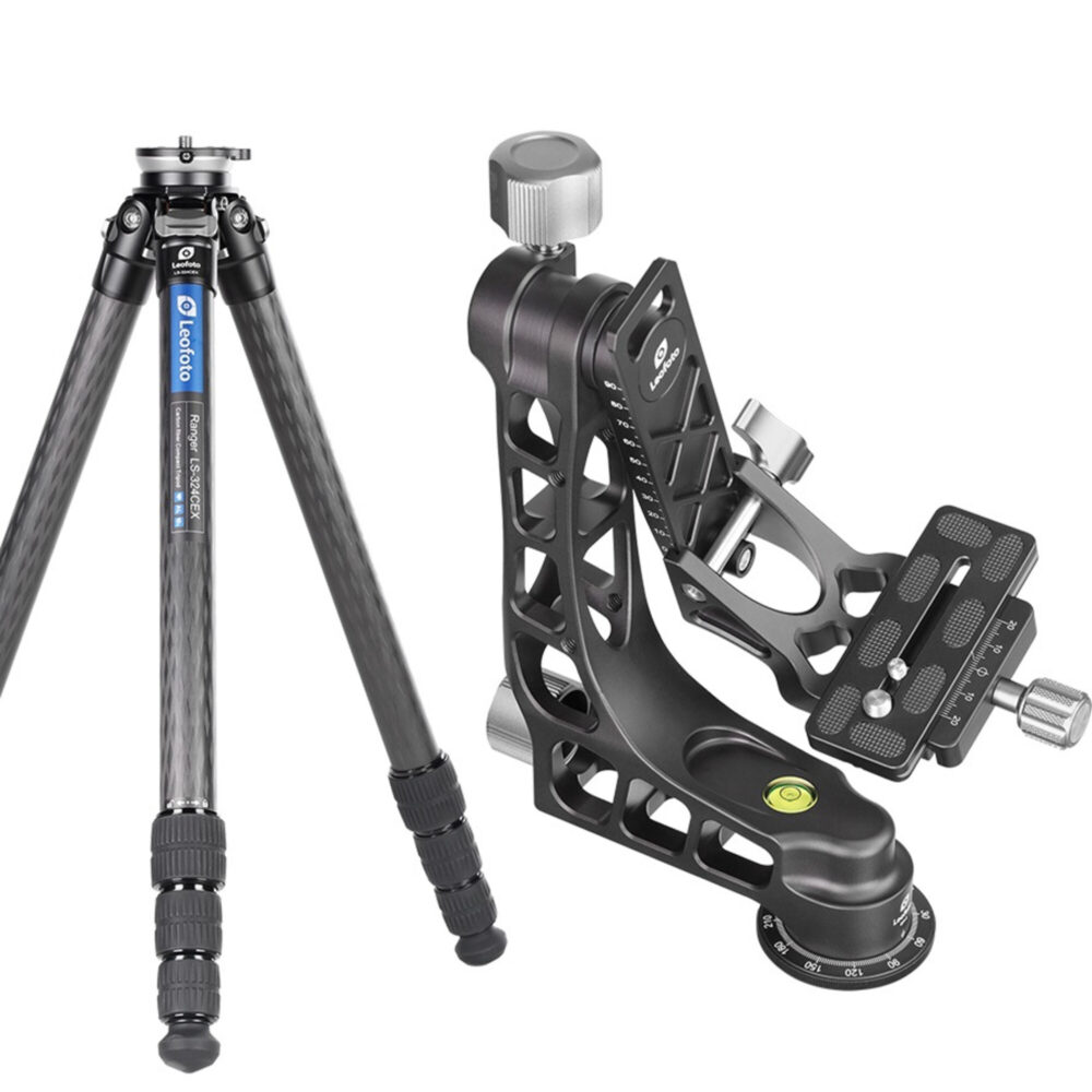 Leofoto LS-324CEX Tripod zijaanzicht PG-1 gimbal met Arca-Swiss snelkoppelingsplaat.