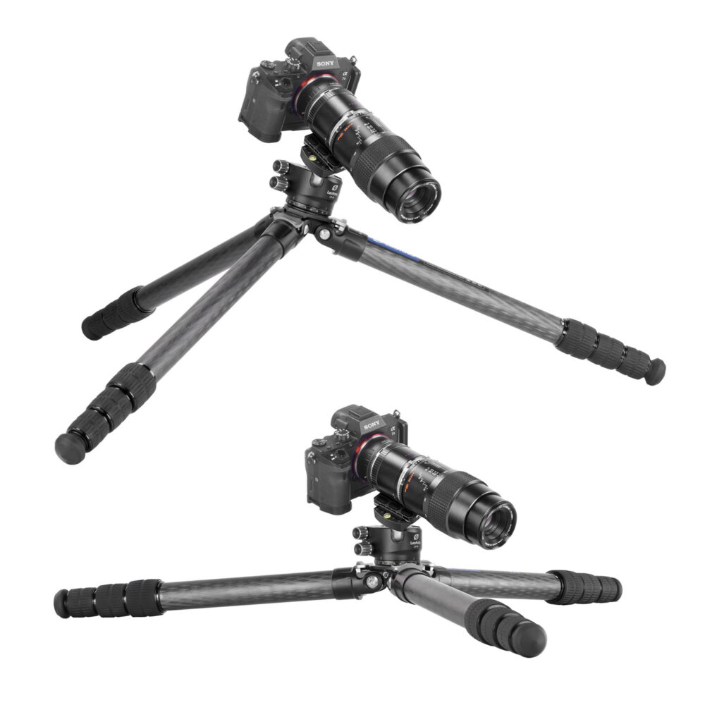 Leofoto LS-324C Tripod laag opgesteld met wijd uitgeklapte poten voor macro-opnamen.