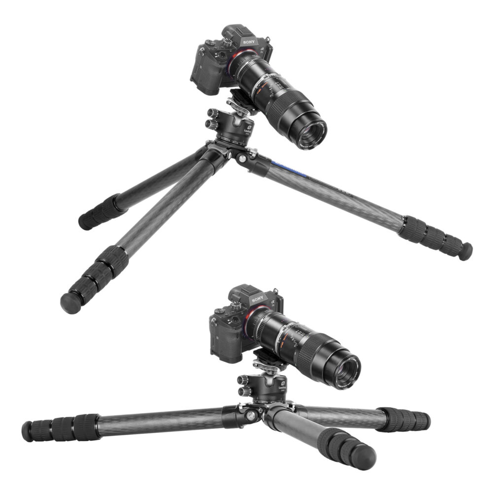 Leofoto LS-324C Tripod laag opgesteld voor macro-opnamen met wijd uitgeklapte poten.