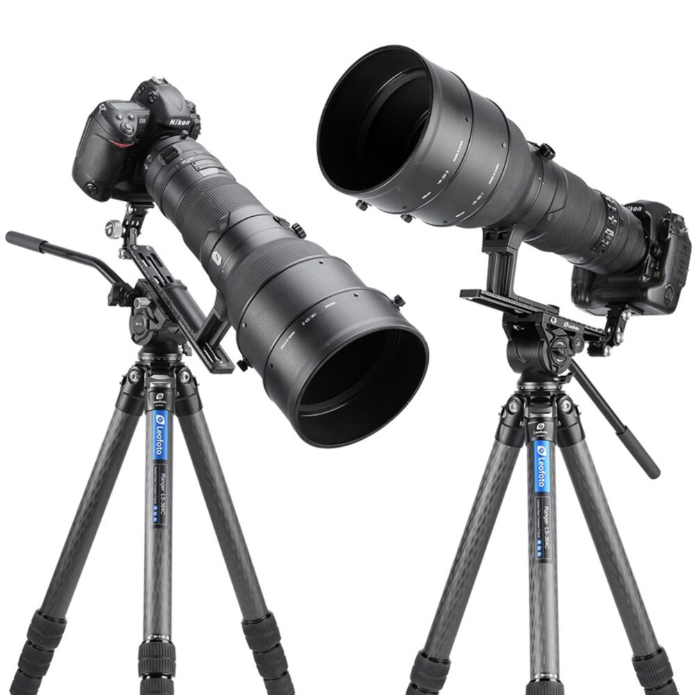 Leofoto LS-364C Tripod demonstratie met grote telelens en videokop op het statief.