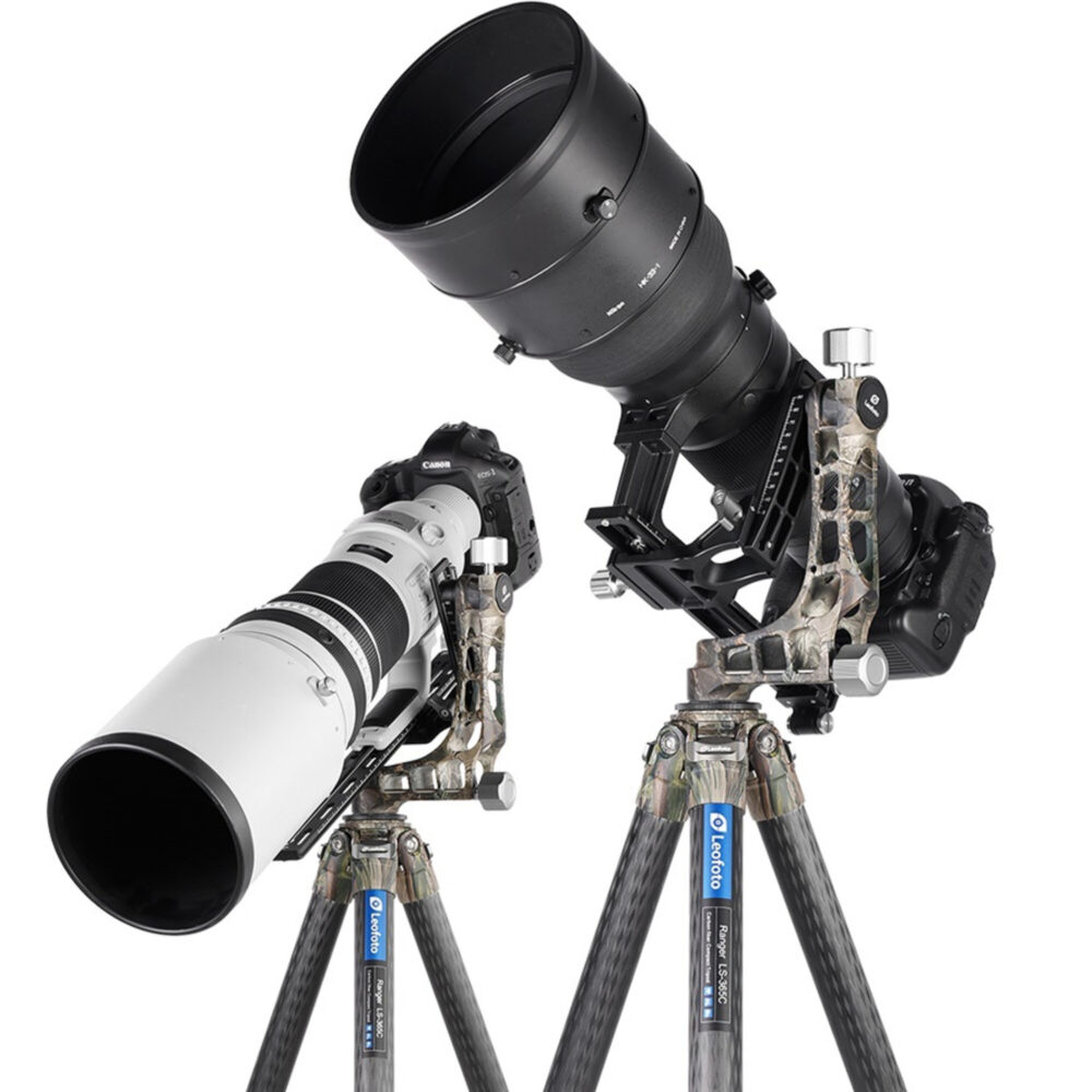 Leofoto LS-365C Tripod camo met grote zwarte telelens op PG-1 gimbal voor wildlife-opnamen.
