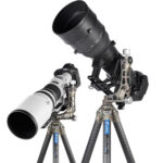 Leofoto LS-365C Tripod camo met grote zwarte telelens op PG-1 gimbal voor wildlife-opnamen.
