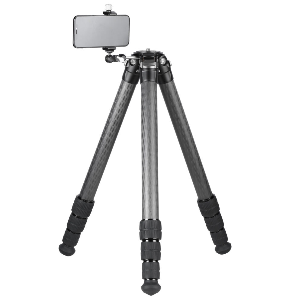 Leofoto LS-324C Tripod frontaal aanzicht met gemonteerde camera op bovenschaal.