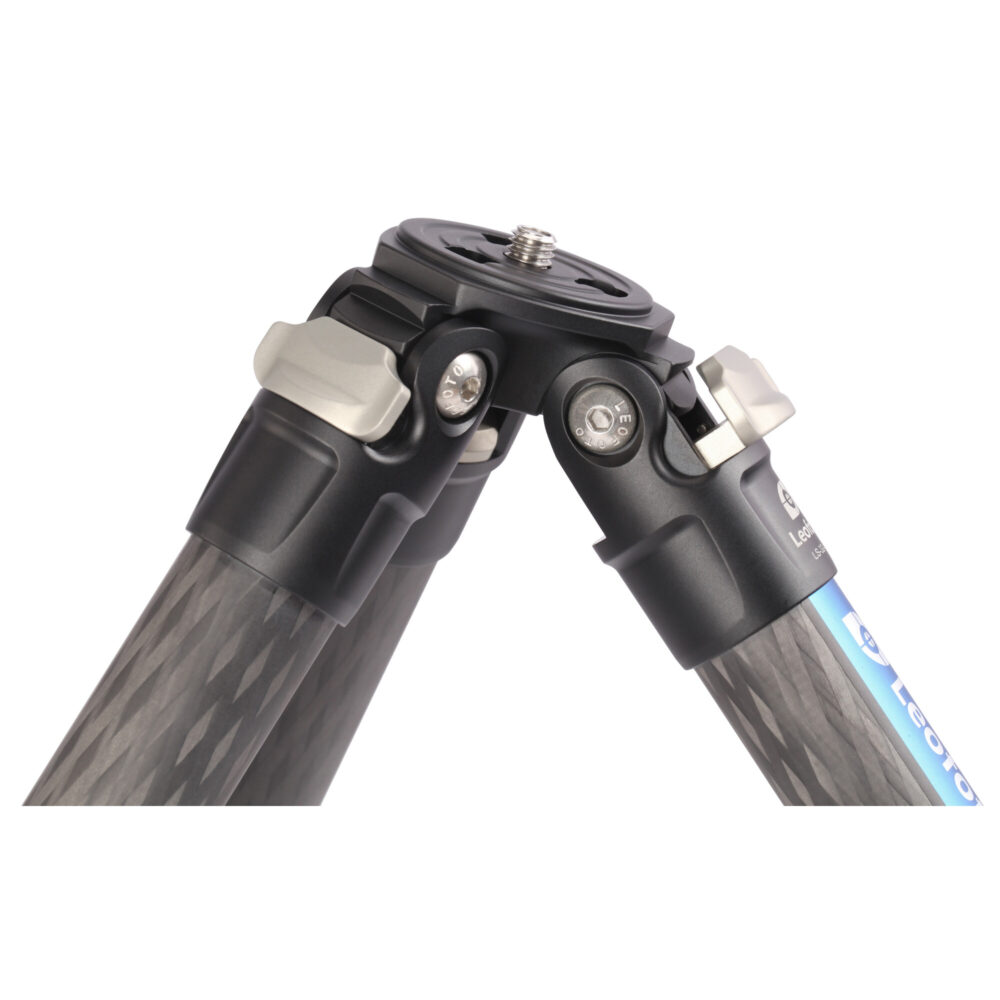 Leofoto LS-324C Tripod close-up van potenscharnieren met hoekverstelling in verschillende standen.