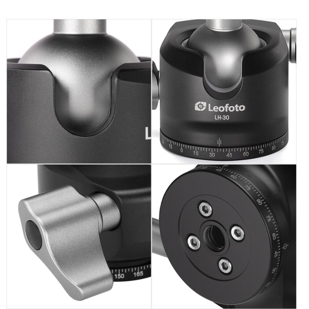 Leofoto LS-254C Tripod close-up van kogelkopbasis met panoramaskala en waterpas.