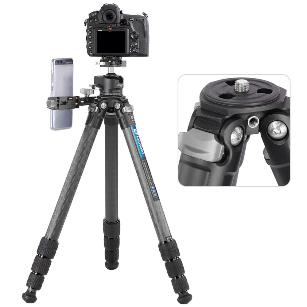 Leofoto LS-284C Tripod opstelling met camera op LH-30PCL kop en detail van snelkoppeling met klemhevel.