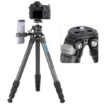 Leofoto LS-284C Tripod opstelling met camera op LH-30PCL kop en detail van snelkoppeling met klemhevel.