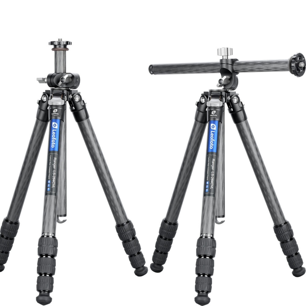 Leofoto LS-284CVL Tripod twee opstellingen naast elkaar met verticale en horizontale stand van de middenkolom.