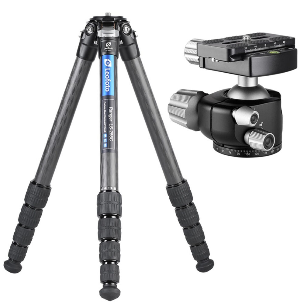 Leofoto LS-285C Tripod volledig uitgeklapt met gemonteerde LH-36 kogelkop in inzetafbeelding.